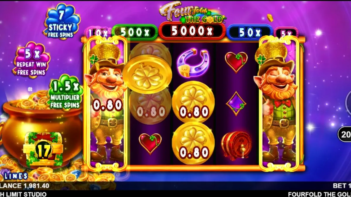 Leprechaun espacial em um cenário de galáxias e ouro em Fourfold the Gold